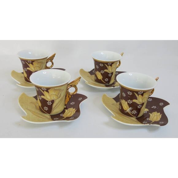 Vintage Porcelain Espresso Turkish Arabic Coffee Cups Saucers Floral Gold Set 4 - Picture 1 of 13